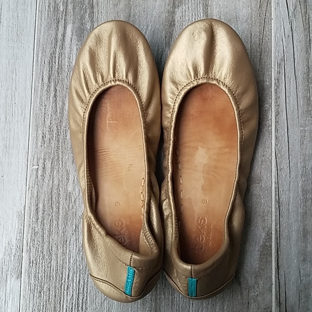 Tieks Metallic Gold Leather Ballet Flats with Teal Heel Tab